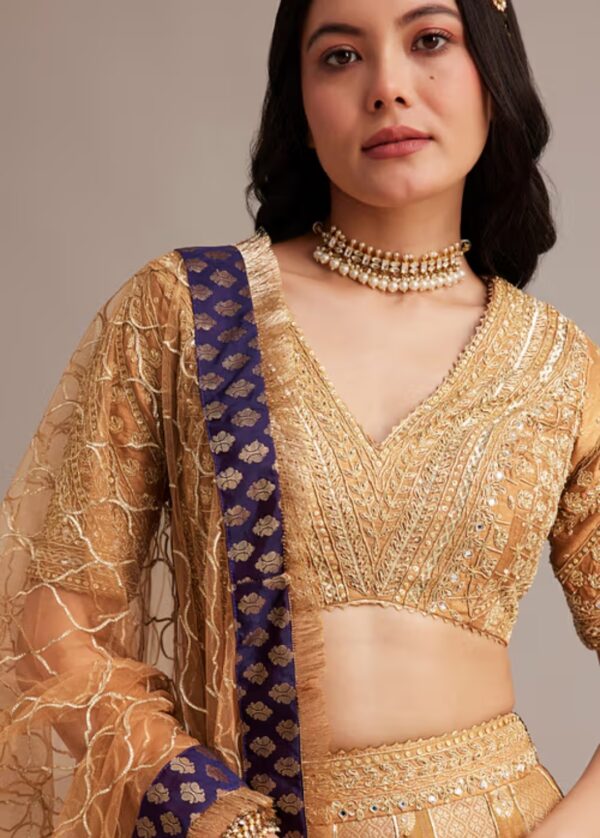 Majestic Gold & Royal Blue Bridal Lehenga - Image 4
