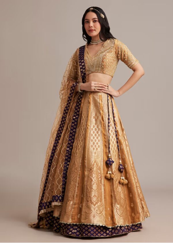 Majestic Gold & Royal Blue Bridal Lehenga - Image 3