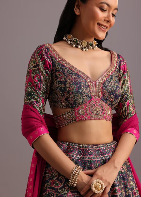Navy Blue and Pink Embroidered Lehenga Choli Set - Image 4