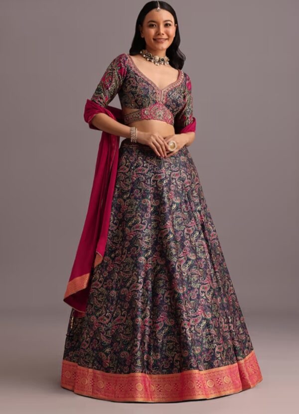 Navy Blue and Pink Embroidered Lehenga Choli Set - Image 3