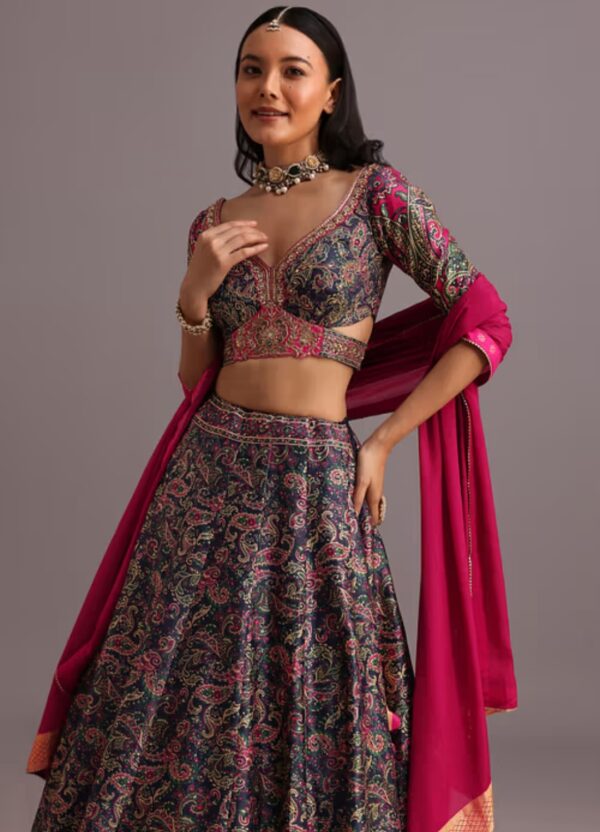 Navy Blue and Pink Embroidered Lehenga Choli Set - Image 2