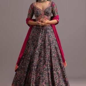 Navy Blue and Pink Embroidered Lehenga Choli Set