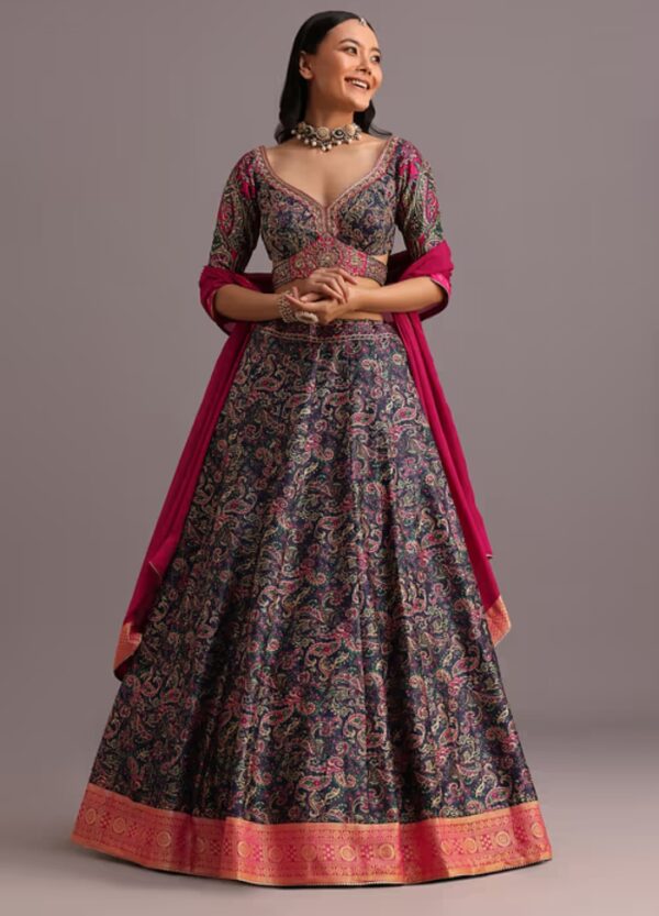 Navy Blue and Pink Embroidered Lehenga Choli Set