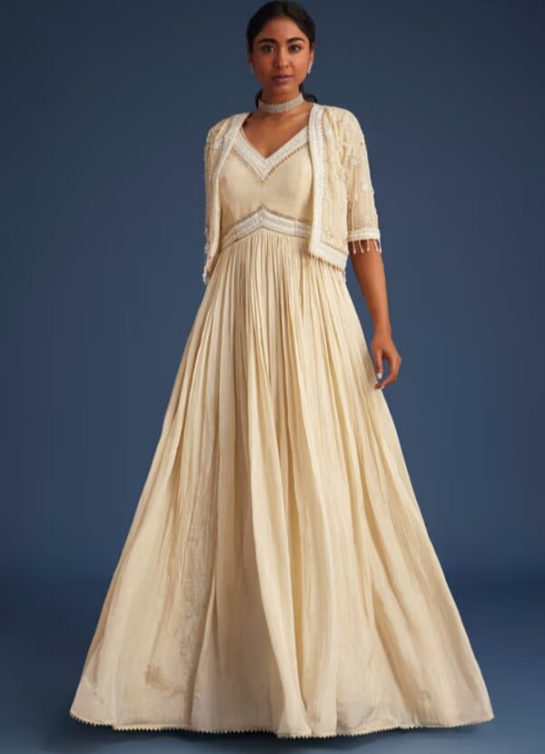 Elegant Beige Gown with Embellished Jacket – Sophistication Redefined - Image 3
