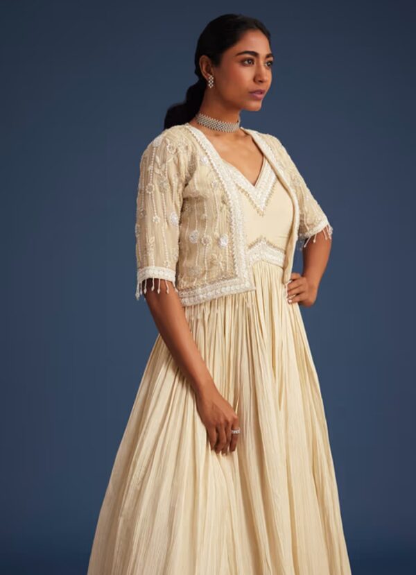 Elegant Beige Gown with Embellished Jacket – Sophistication Redefined - Image 5