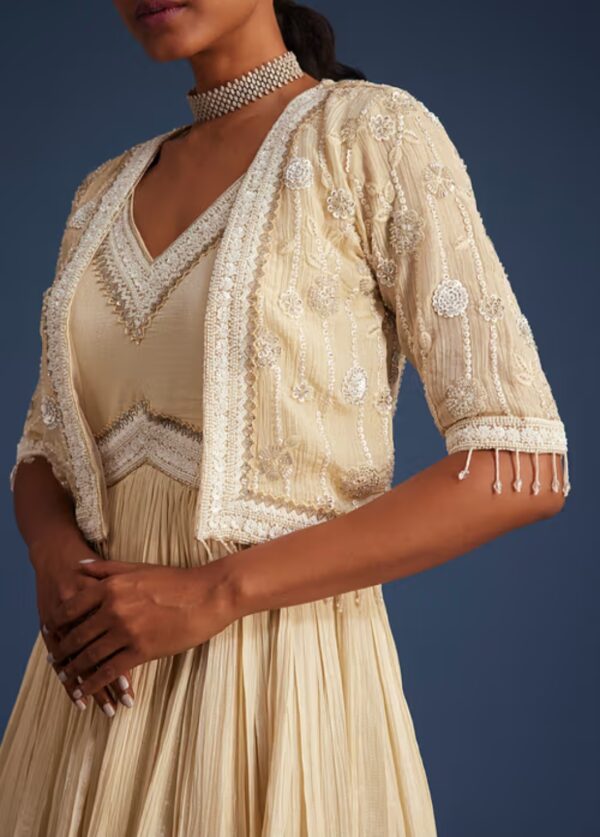 Elegant Beige Gown with Embellished Jacket – Sophistication Redefined - Image 2