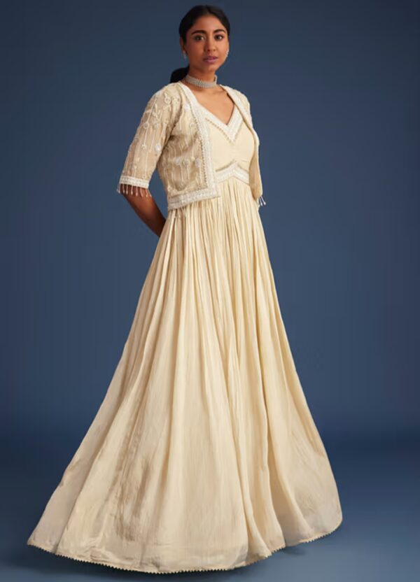 Elegant Beige Gown with Embellished Jacket – Sophistication Redefined
