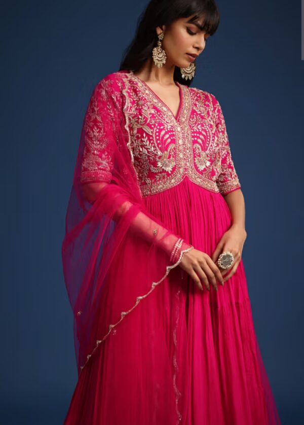 Radiant Fuchsia Pink Embroidered Anarkali Gown with Sheer Dupatta - Image 4