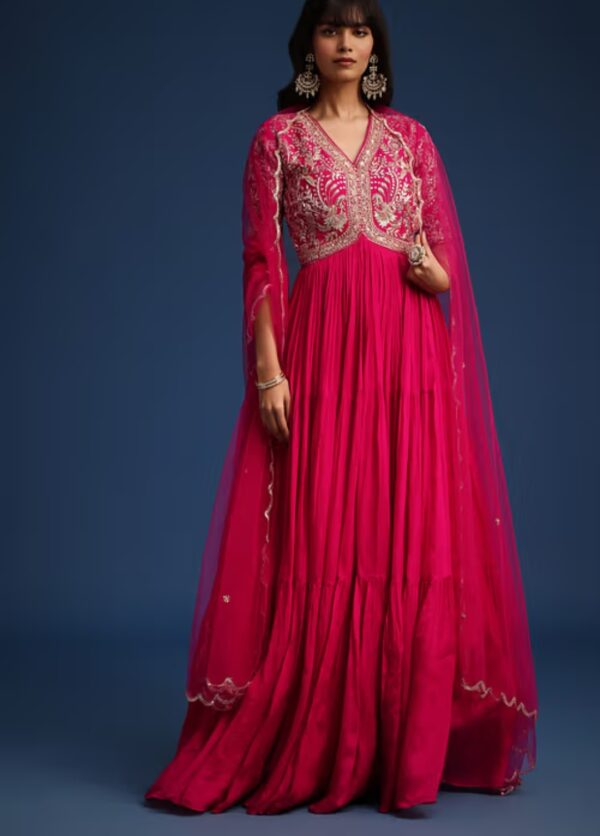 Radiant Fuchsia Pink Embroidered Anarkali Gown with Sheer Dupatta - Image 3