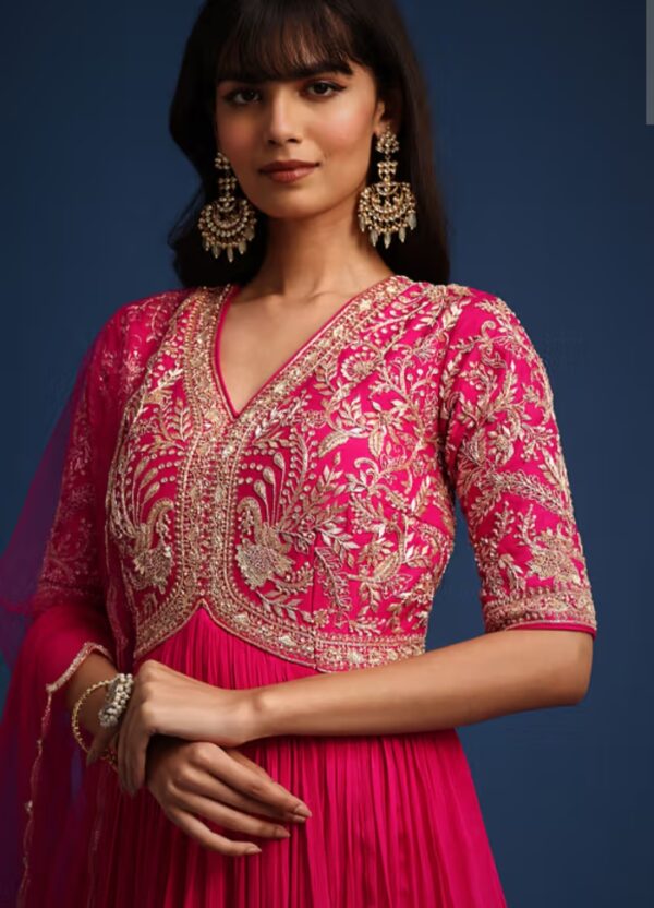Radiant Fuchsia Pink Embroidered Anarkali Gown with Sheer Dupatta - Image 2