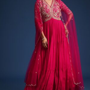 Radiant Fuchsia Pink Embroidered Anarkali Gown with Sheer Dupatta