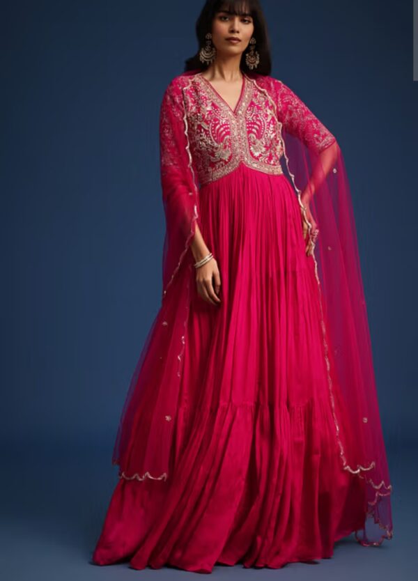 Radiant Fuchsia Pink Embroidered Anarkali Gown with Sheer Dupatta
