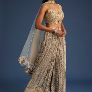 Elegant Beige and Gold Embroidered Lehenga Choli with Delicate Dupatta – Tradition Meets Glamour