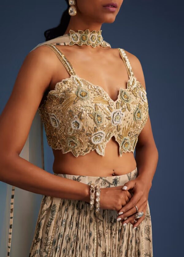 Elegant Beige and Gold Embroidered Lehenga Choli with Delicate Dupatta – Tradition Meets Glamour - Image 3