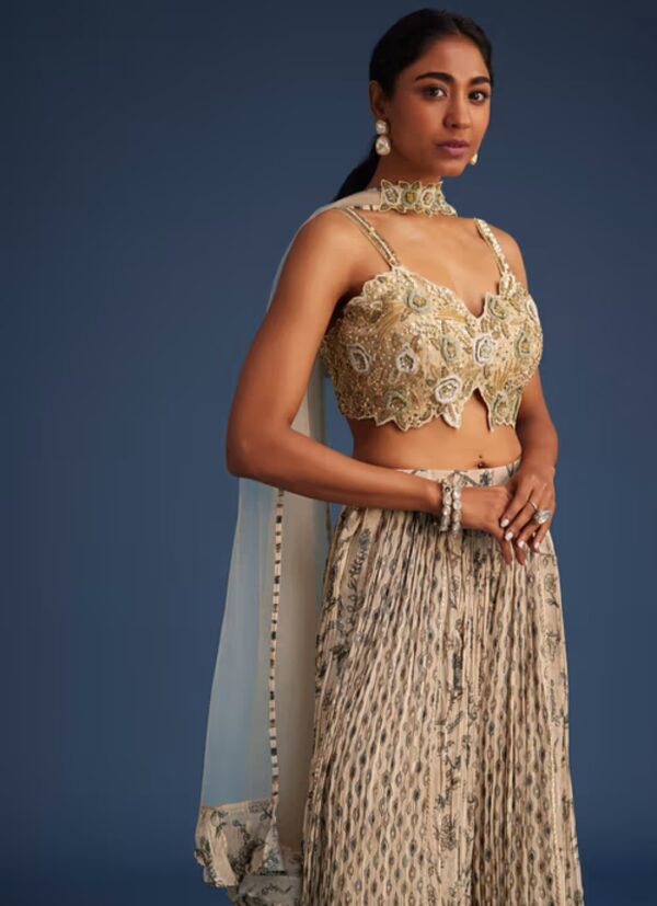 Elegant Beige and Gold Embroidered Lehenga Choli with Delicate Dupatta – Tradition Meets Glamour - Image 2
