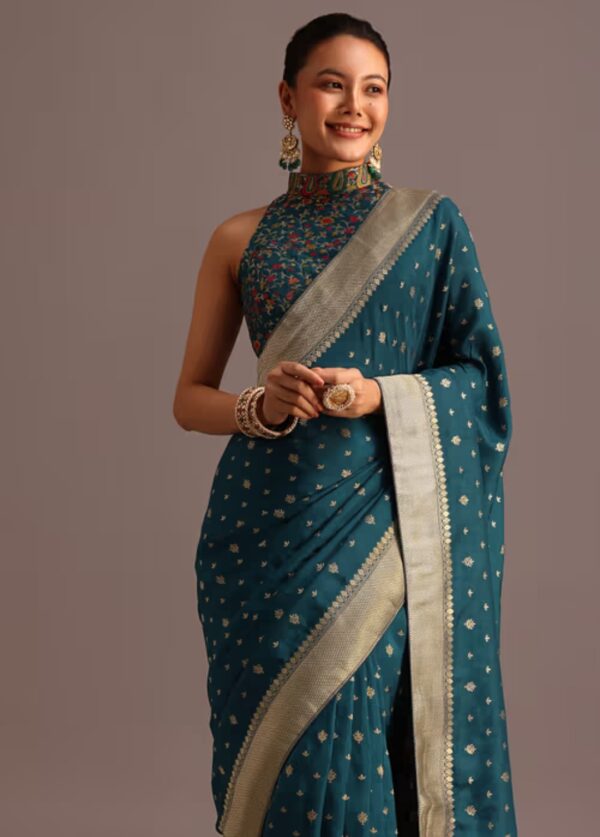 Elegant Teal Saree with Golden Embroidery – A Classic Touch of Glamour - Image 2