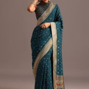 Elegant Teal Saree with Golden Embroidery – A Classic Touch of Glamour