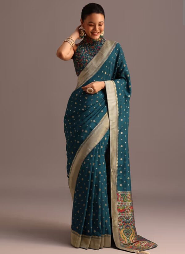 Elegant Teal Saree with Golden Embroidery – A Classic Touch of Glamour