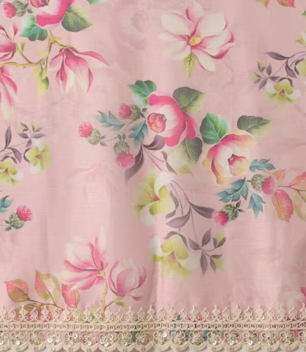 Title: Elegant Floral Pink Saree with Lace Border - A Blend of Tradition and Modernity - Image 4