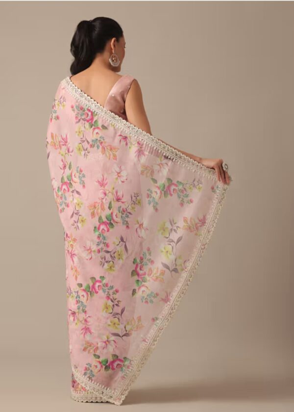 Title: Elegant Floral Pink Saree with Lace Border - A Blend of Tradition and Modernity - Image 3