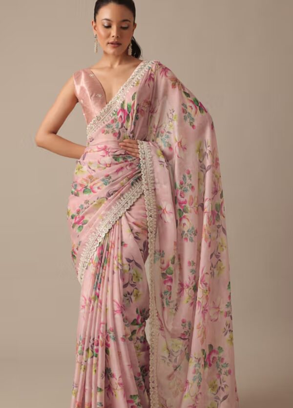Title: Elegant Floral Pink Saree with Lace Border - A Blend of Tradition and Modernity - Image 2