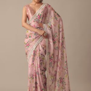 Title: Elegant Floral Pink Saree with Lace Border - A Blend of Tradition and Modernity