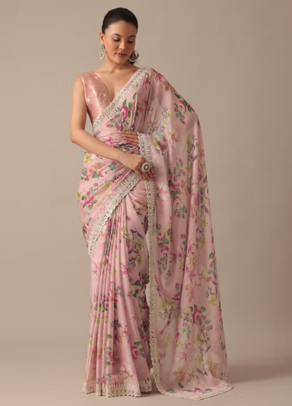 Title: Elegant Floral Pink Saree with Lace Border - A Blend of Tradition and Modernity