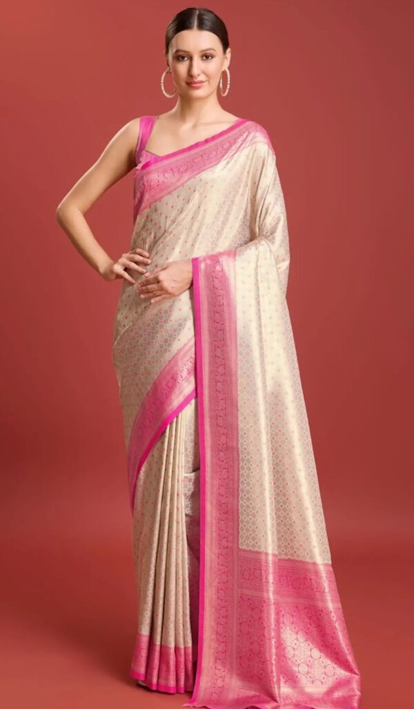 Elegant Cream Silk Saree with Vibrant Pink Border – Timeless Charm - Image 3