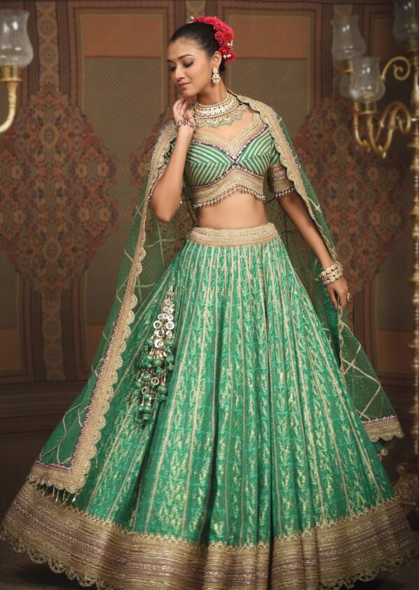 Regal Green & Gold Banarasi Lehenga Set - Image 2