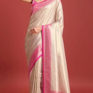 Elegant Cream Silk Saree with Vibrant Pink Border – Timeless Charm