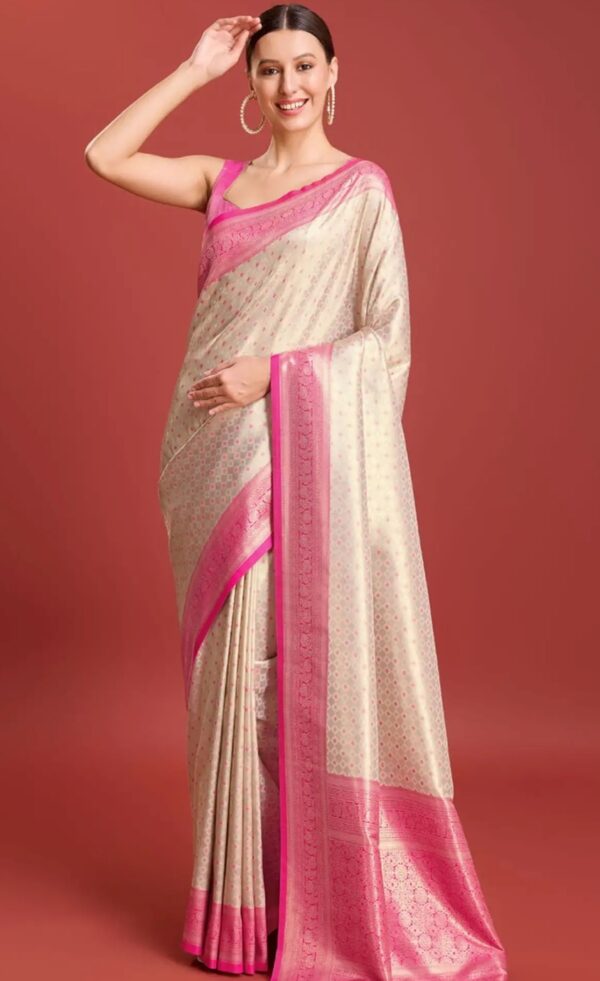 Elegant Cream Silk Saree with Vibrant Pink Border – Timeless Charm