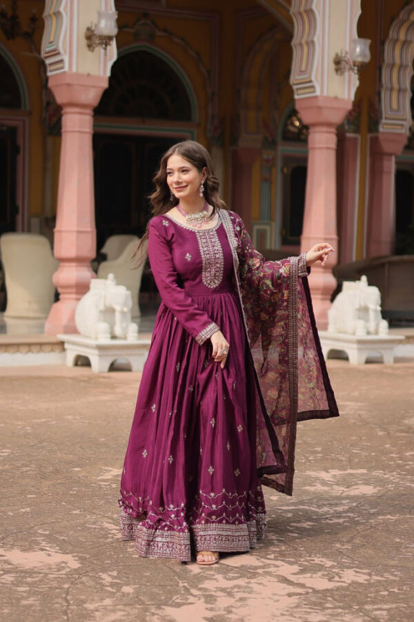 Graceful Purple Anarkali Suit with Elegant Gold Embroidery - Image 4