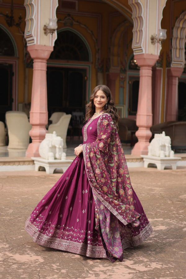 Graceful Purple Anarkali Suit with Elegant Gold Embroidery - Image 2