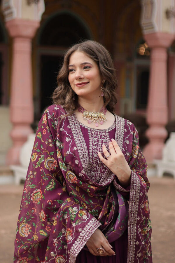Graceful Purple Anarkali Suit with Elegant Gold Embroidery - Image 5