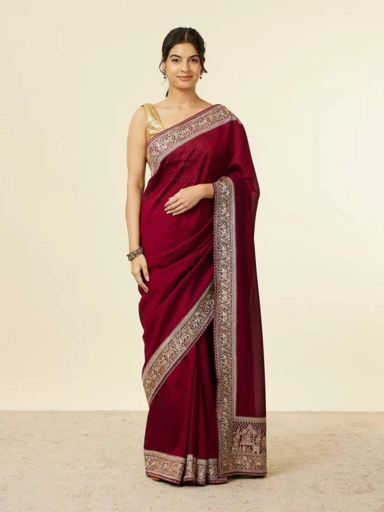 Red Wine Zari Silk Saree with Blouse Piece