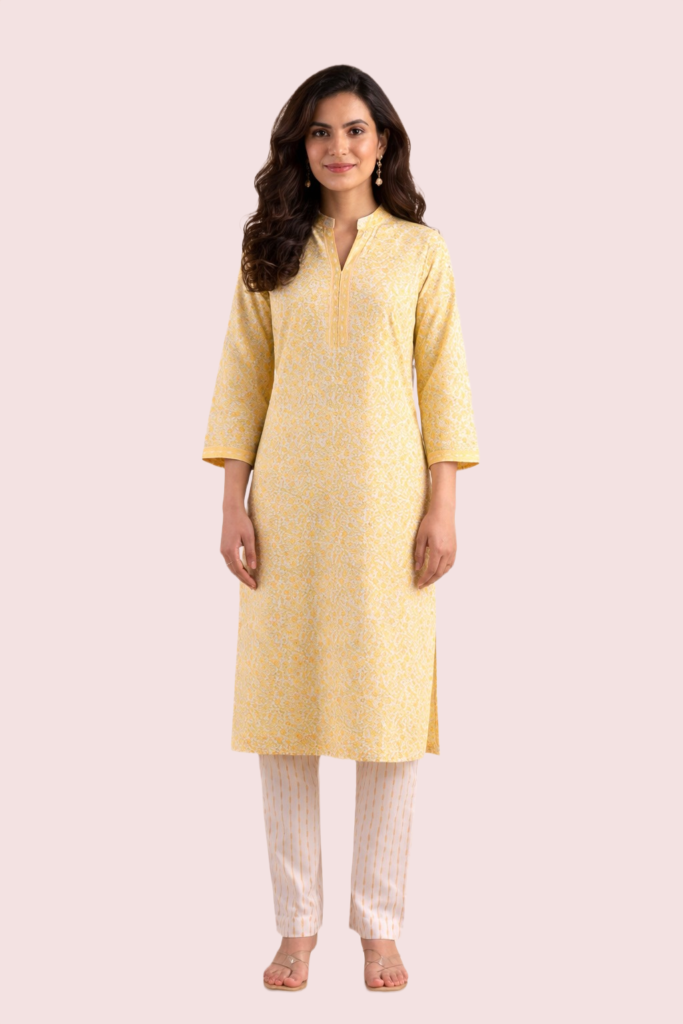 Elegant Short Sleeve Cotton Kurta - Yellow