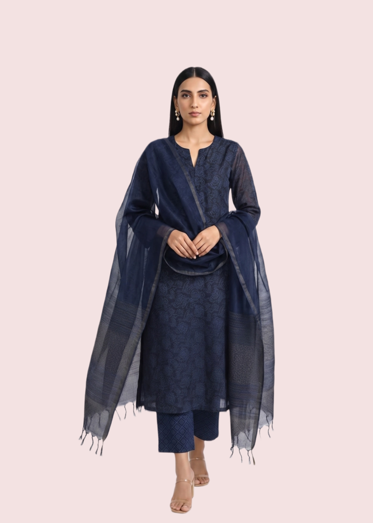 Regular Navy Blue Cotton Suit Set