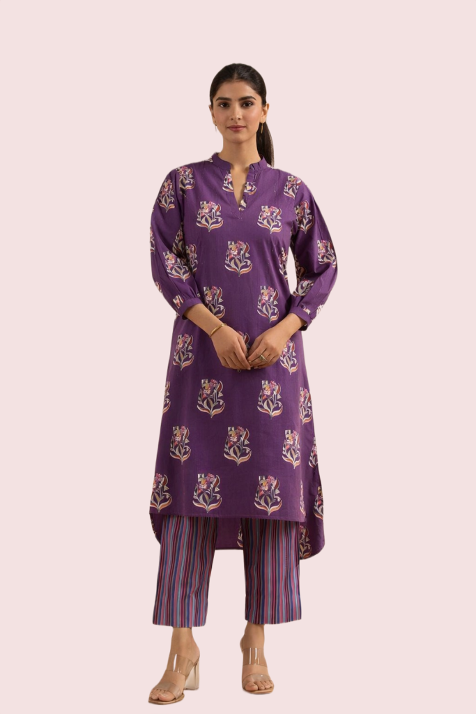 Purple Short Sleeve Cotton Kurta