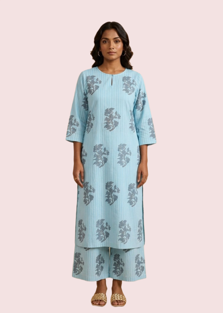 Short Sleeve Sky Blue Cotton Kurta