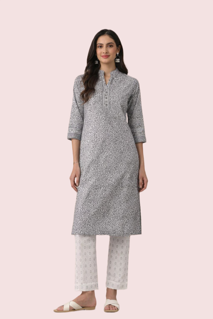 Elegant Short Sleeve Cotton Kurta - Grey