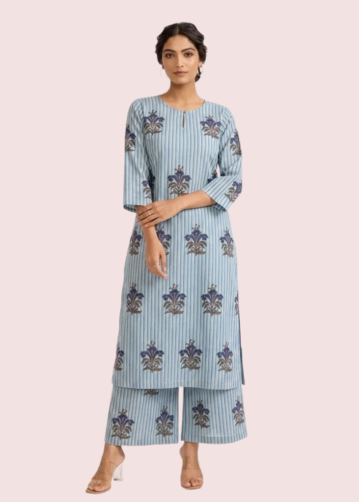 Short Sleeve Blue Cotton Kurta