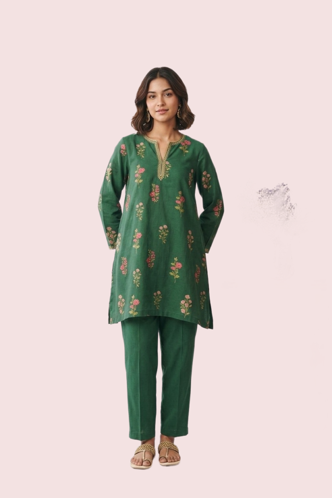 Green Short Sleeve Cotton Kurta