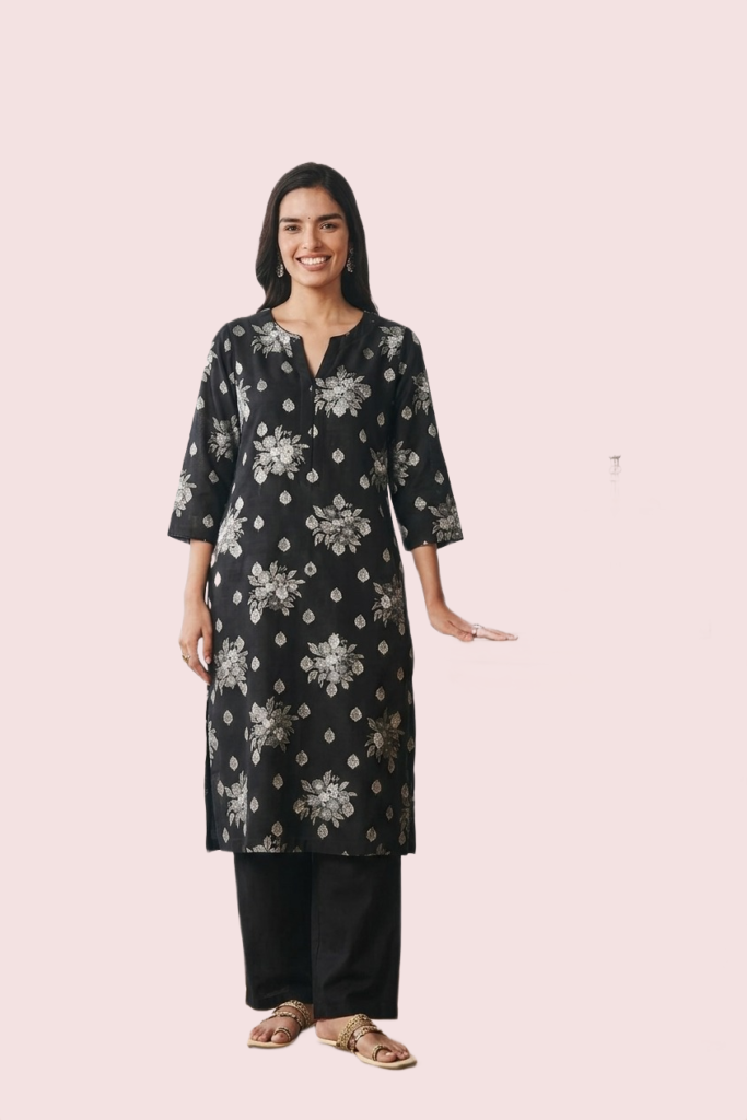 Black Short Sleeve Cotton Kurta