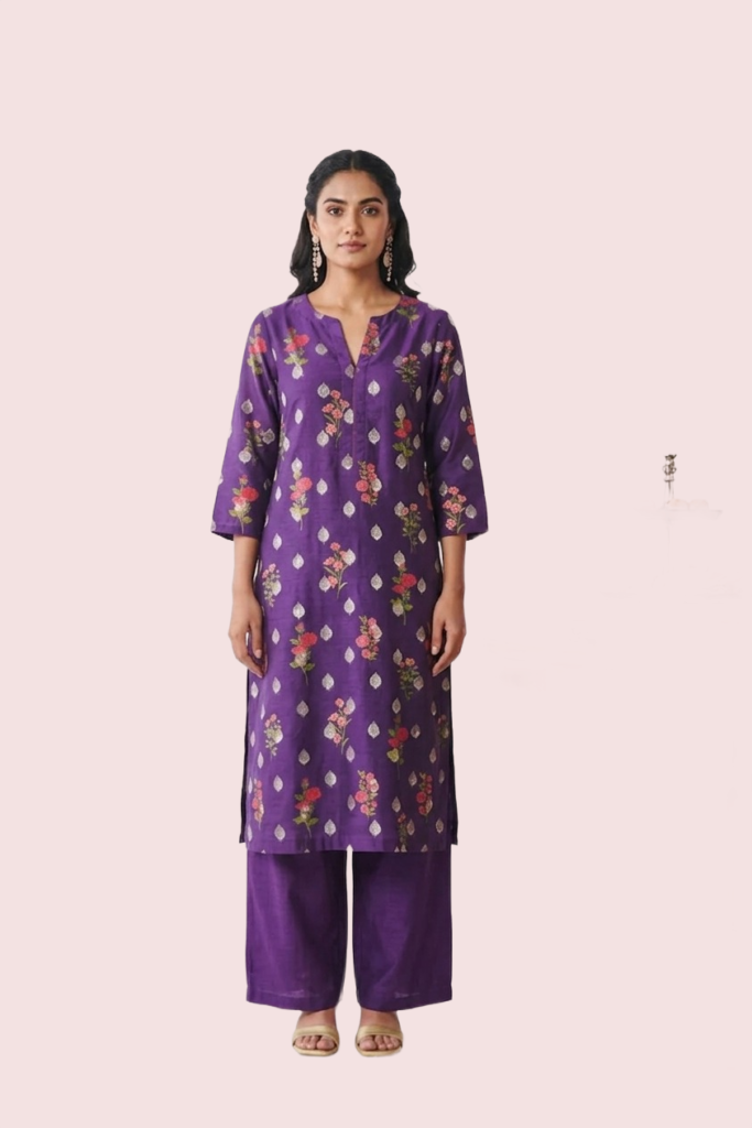 Short Sleeve Purple Cotton Kurta