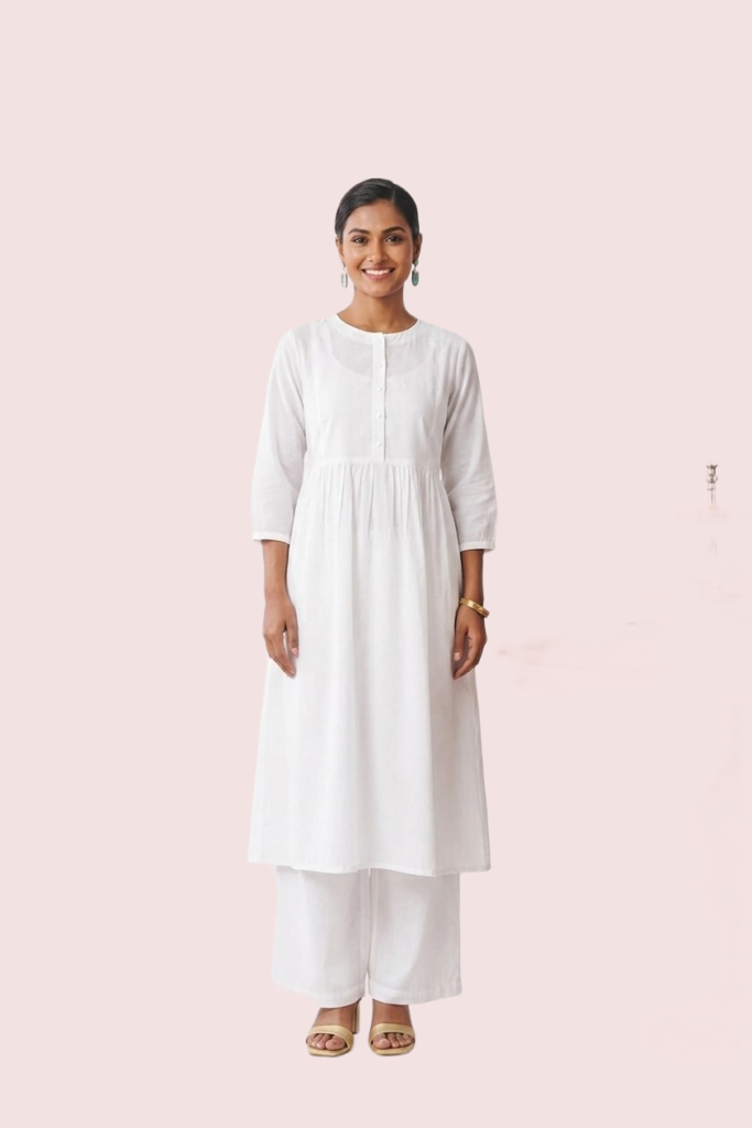 White Short Sleeve Cotton Kurta