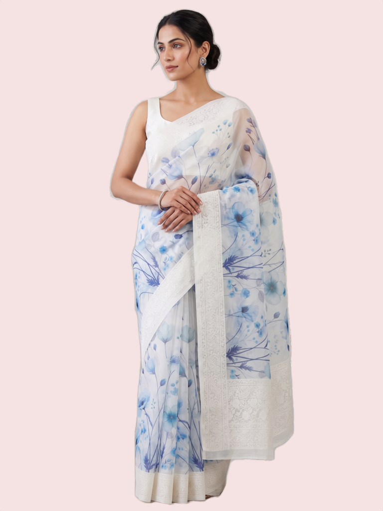 Digital Printed Saree with Chikankari Border