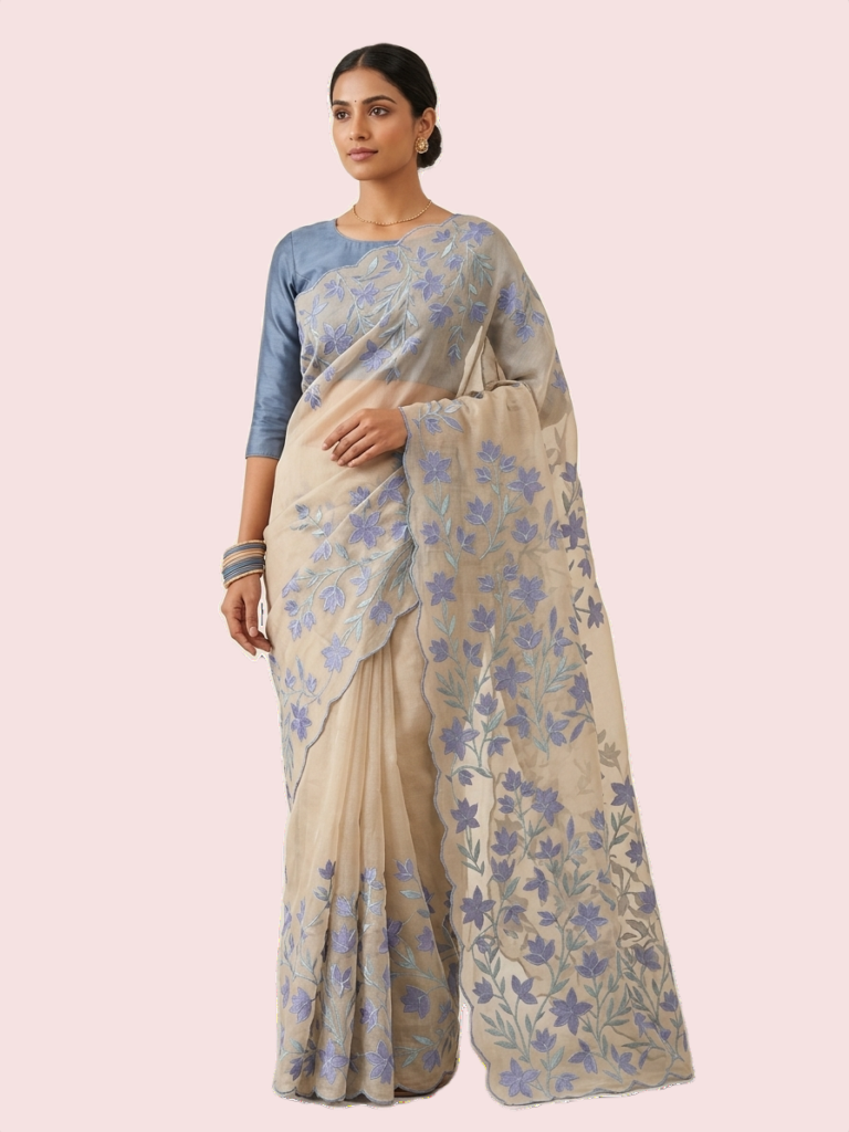 Digital Printed Saree with Chikankari Border (Violet)