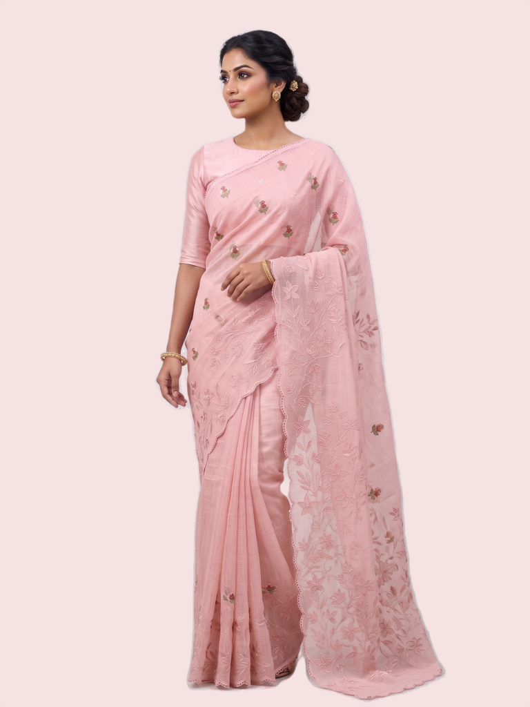Pink Embroided Supernet Kota Saree