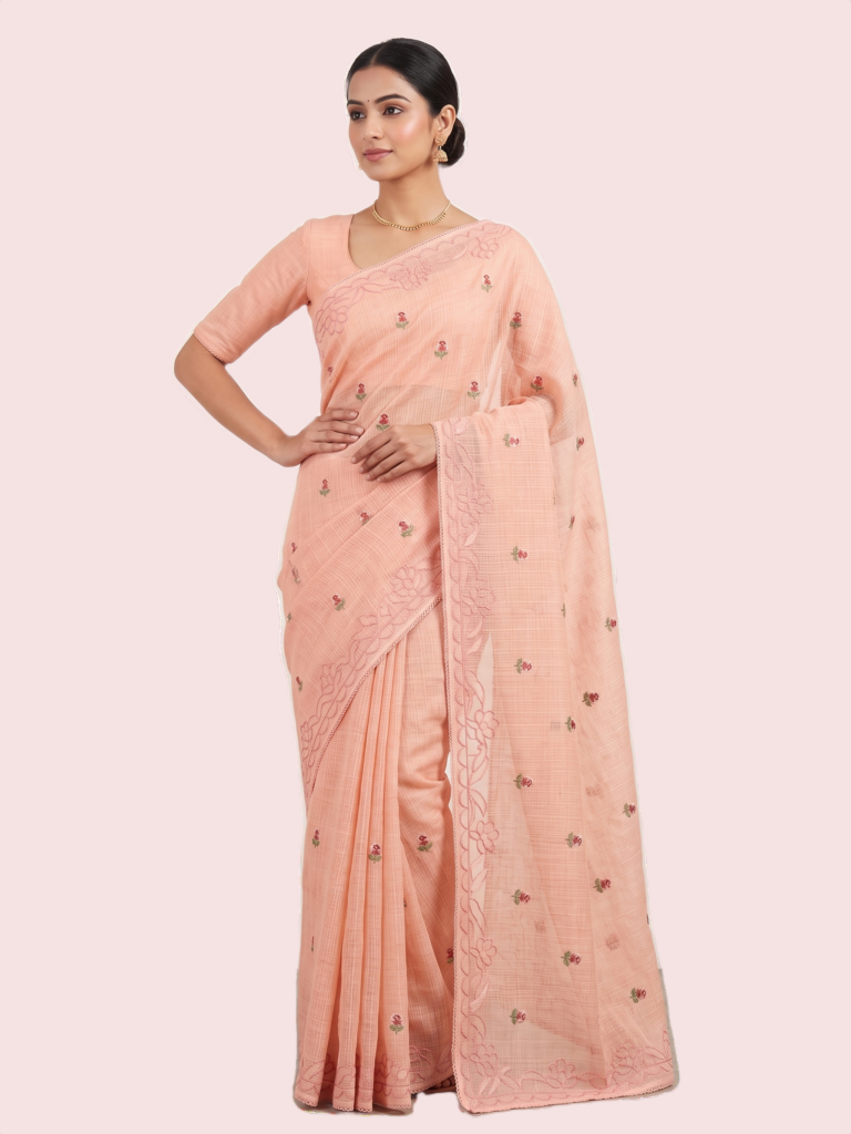 Peach Embroided Supernet Kota Saree