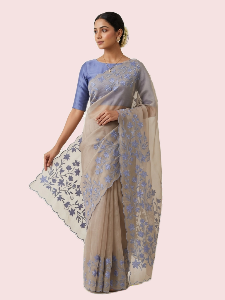 Embroided Kota Silk Saree with Chikankari Border (Violet)